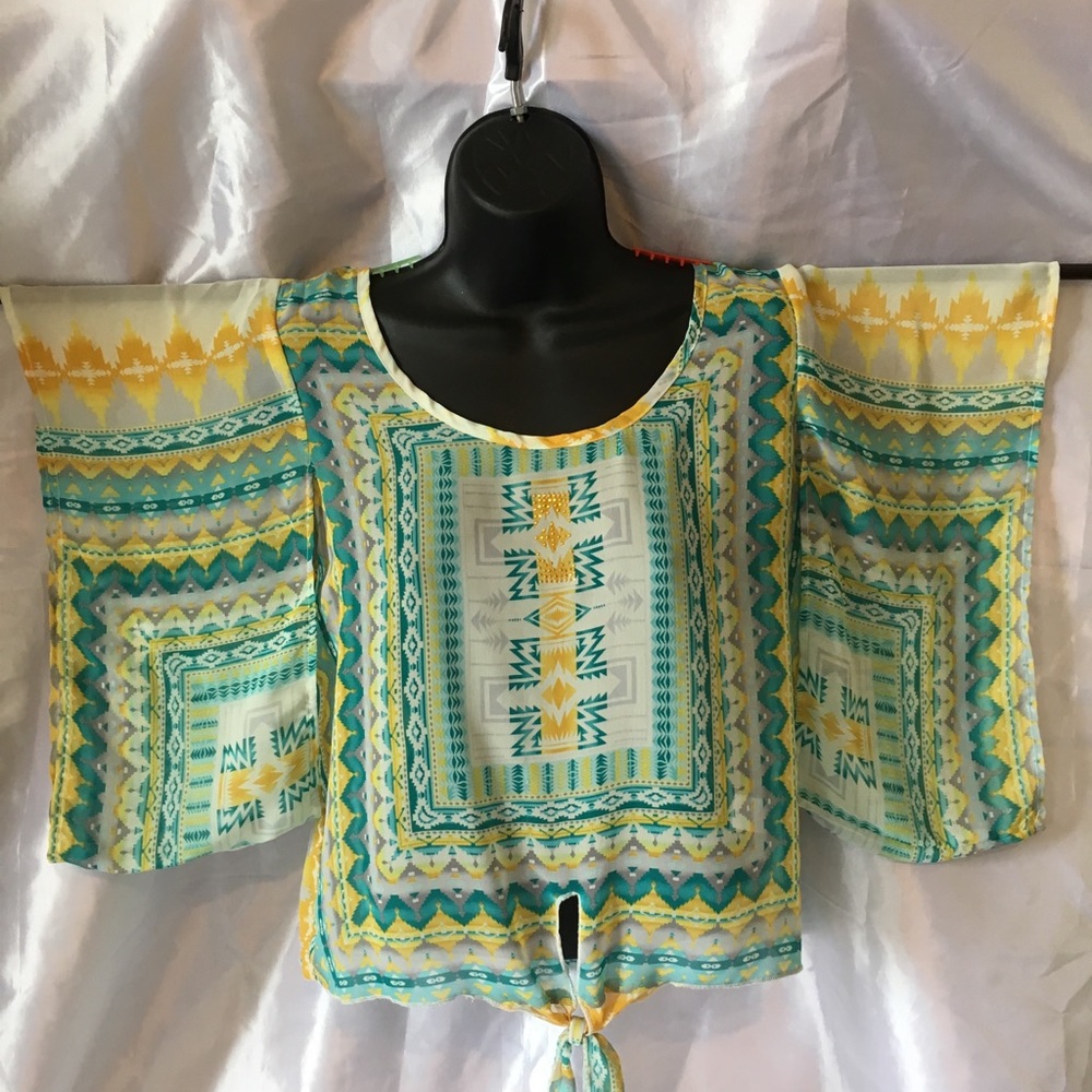 Aztec sheer turquoise, gold and yellow blouse.